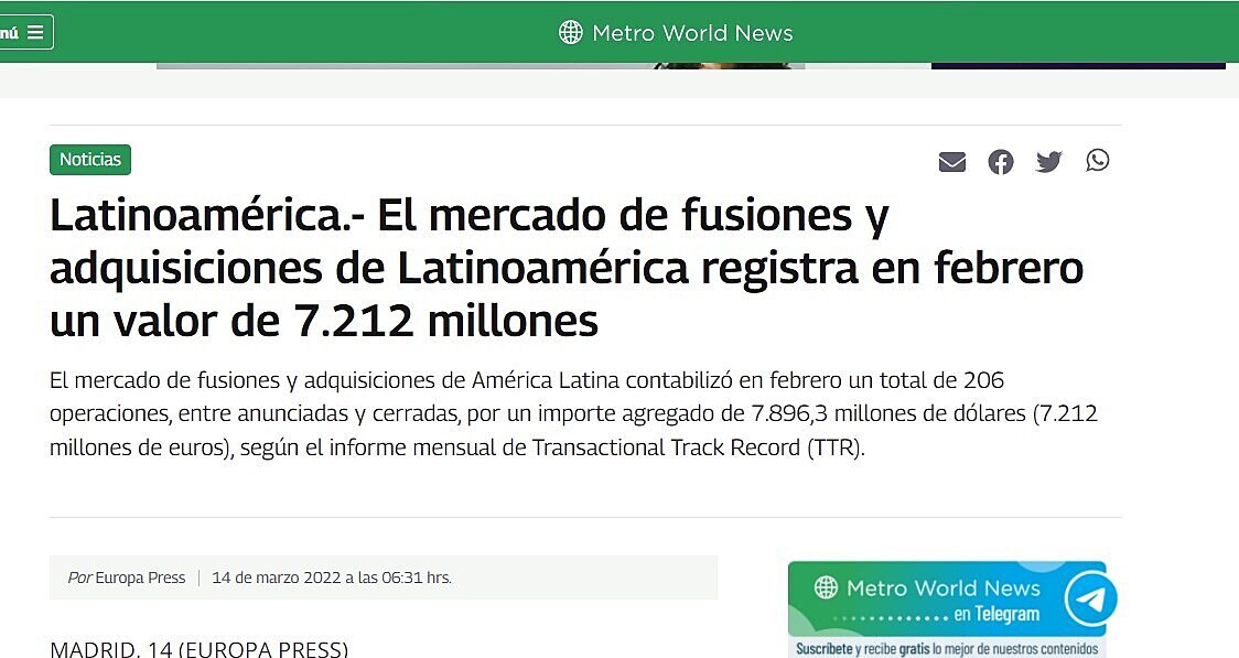 El mercado de fusiones y adquisiciones de Latinoamrica registra en febrero un valor de 7.212 millones